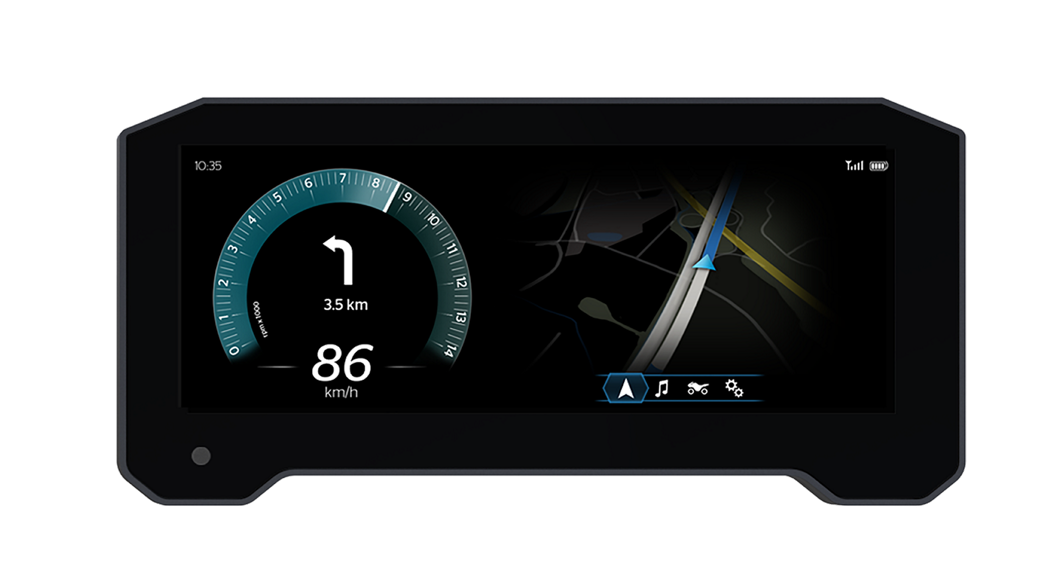 Product shot of an AUMOVIO 10 inch TFT display for motorcycles. Aumovio offers a range of high-performance instrument displays tailored for motorcycles, designed to offer maximum flexibility. It employs automotive-grade technology with optical bonding for crystal-clear visuals. 