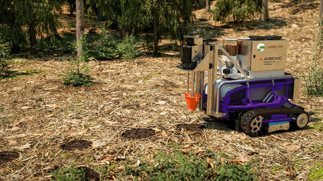 AUMOVIO Engineering Solutions’ Seeding Robot prototype is an autonomous system designed to support reforestation, regenerative agriculture, and large-scale planting projects. 