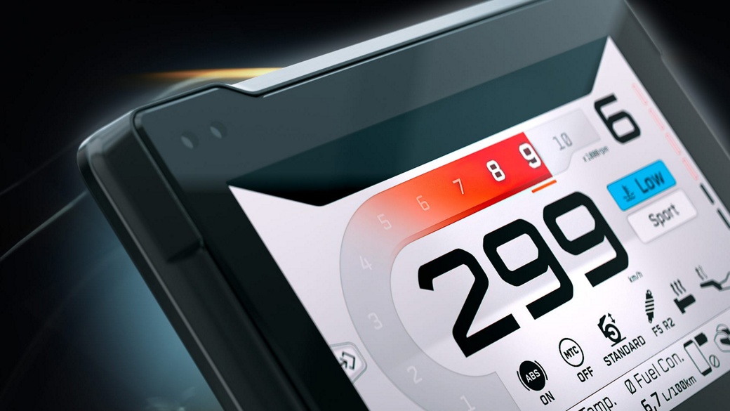The image shows a display for motorcycles. At AUMOVIO, we understand the importance of keeping riders well-informed while ensuring minimal distractions. Our instrument clusters, offer a sophisticated Human-Machine Interface (HMI) concept enabling riders to interact intuitively in all conditions.