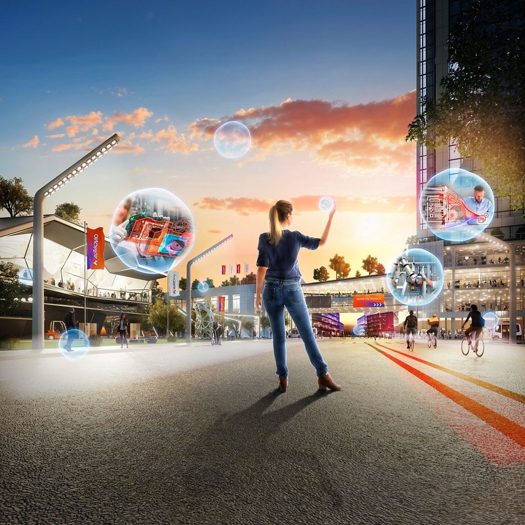 A photo of a young woman on a street in a futuristic city with AI-using employees in bubbles.