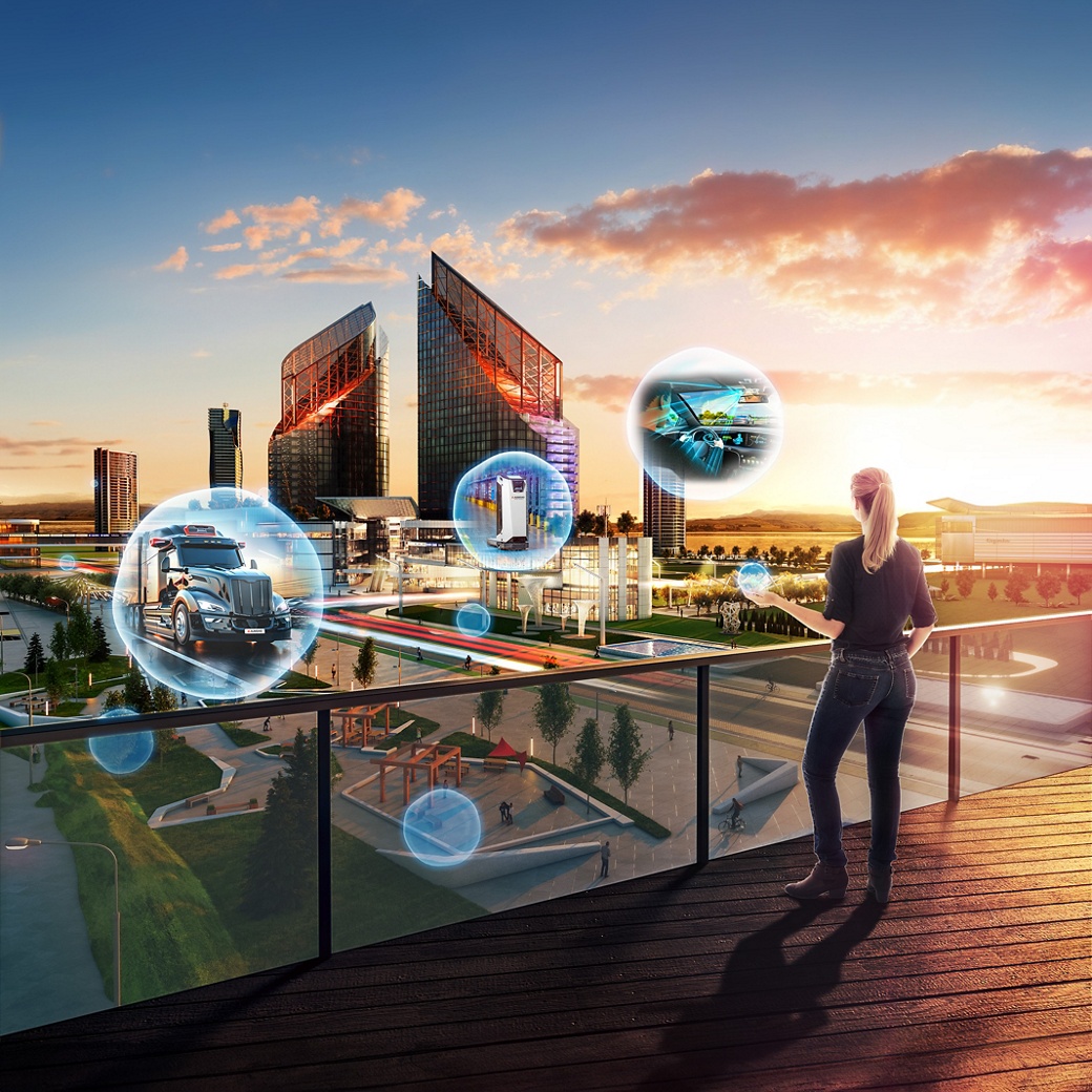 A photo of a young woman on a terrace in a futuristic city with AI content in bubbles