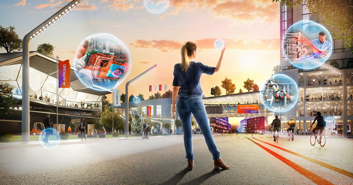 A photo of a young woman on a street in a futuristic city with AI-using employees in bubbles.