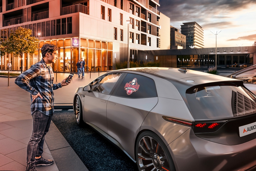 Using a miniature projector in the roof lining, the “Window Projection” technology projects content onto the side window in a visually effective way.