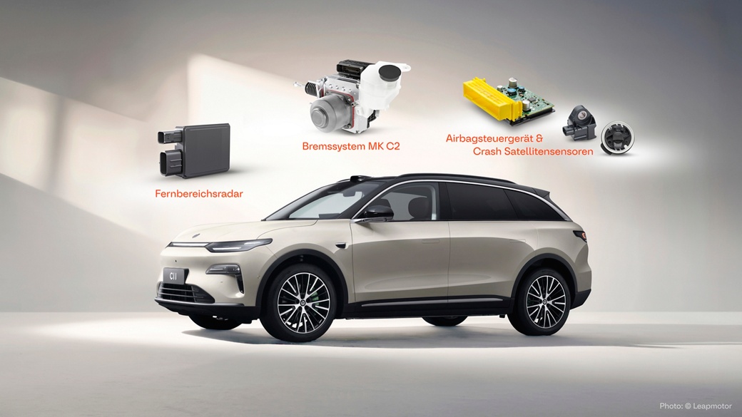 Leapmotor setzt in verschiedenen Modellen der B- und C-Plattformen auf die aktuellen MK C2 Bremssysteme, Airbag Control Units und Weitsicht-Frontradare von AUMOVIO.  Die Abbildung zeigt das Leapmotor-Modell C11.