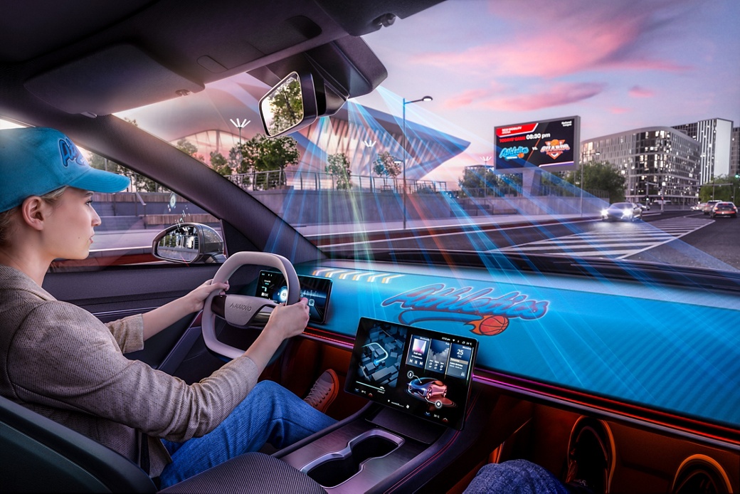 The projection surface extends across the entire cockpit.