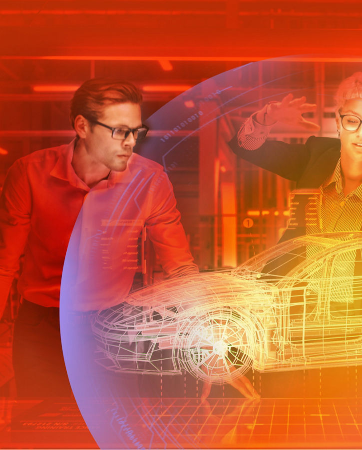 Diverse Team of Engineers Working in Office at Industrial Factory. Industrial Designers Discuss Electric Car Augmented Reality Hologramm. Specialists Work in Technological Car Development Facility.