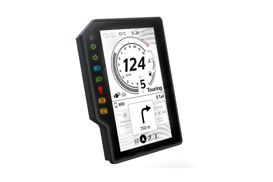 The mid-range 6.3-inch instrument cluster powered by the Traveo II micro-controller has a vertically aligned TFT LCD with a resolution of 480 x 800 pixels and an anti-reflective and anti-fingerprint coating.