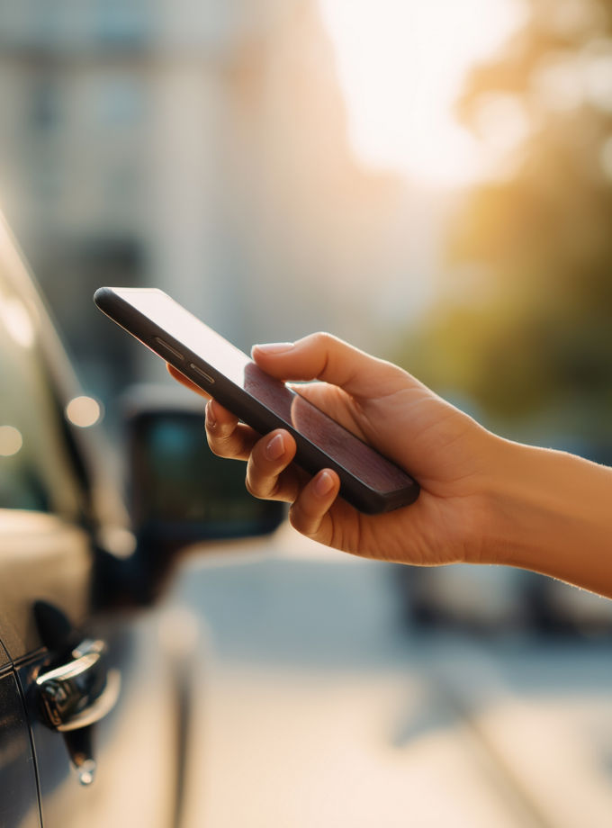 woman uses her smartphone app to securely lock the shared car after her rental trip is finished at sunset in the city.