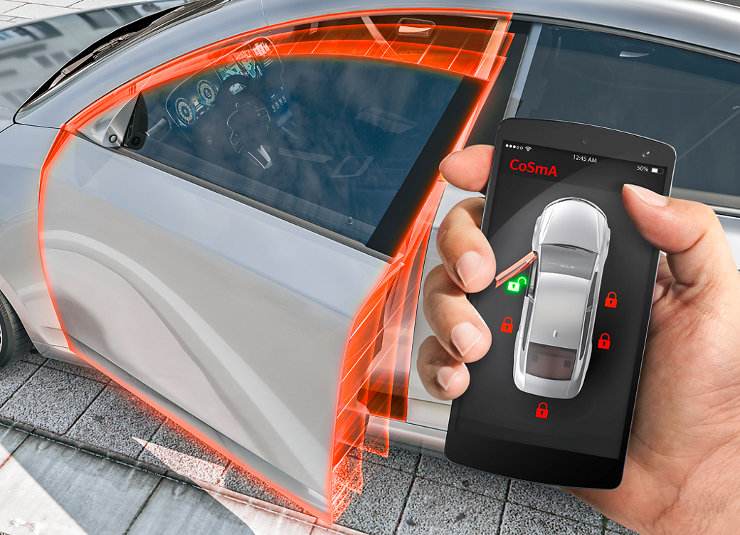 A hand holds a smartphone displaying a car unlocking app near a white car. An award trophy is visible in the background, partially overlapping the car door.