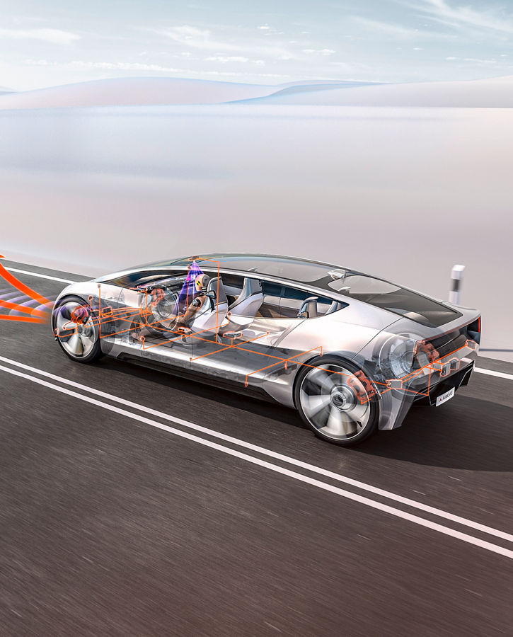 Image of AUMOVIO's semi-transparent concept vehicle on a road. A vehicle travelling in the opposite lane skids towards the concept vehicle with smoking tyres. Before the collision occurs, AUMOVIO's integrated safety systems use orange arrows to indicate a change of direction in front of the vehicle in order to avoid the collision.
