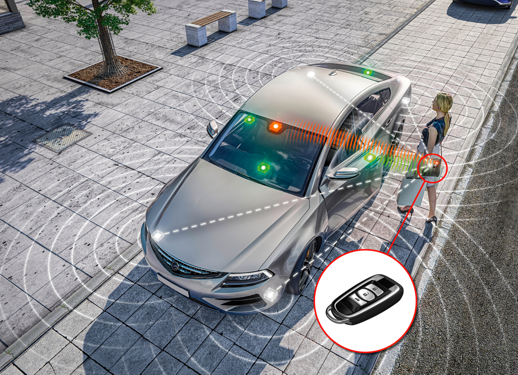 A woman stands on the sidewalk next to a parked silver car with digital waves and blue lights illustrating the vehicle's sensor or smart key technology. Nearby, there is a tree and benches along the paved street.