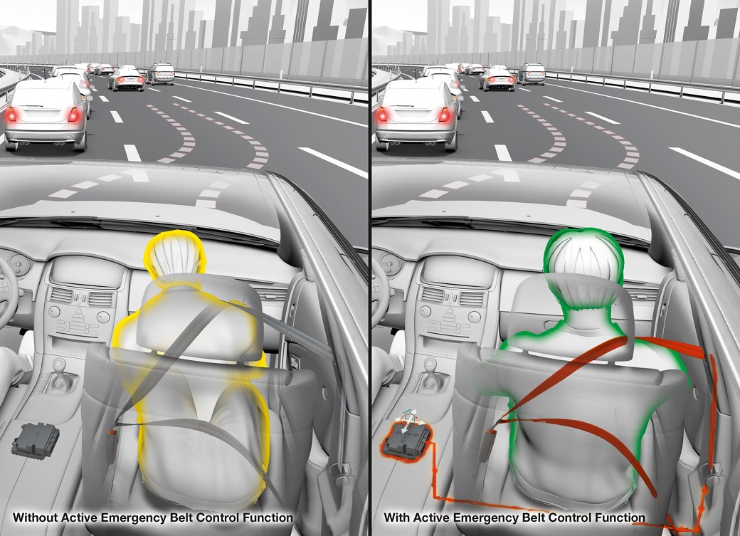 Active Emergency Belt Control prepares occupants and vehicle for an accident in case the crash is unavoidable