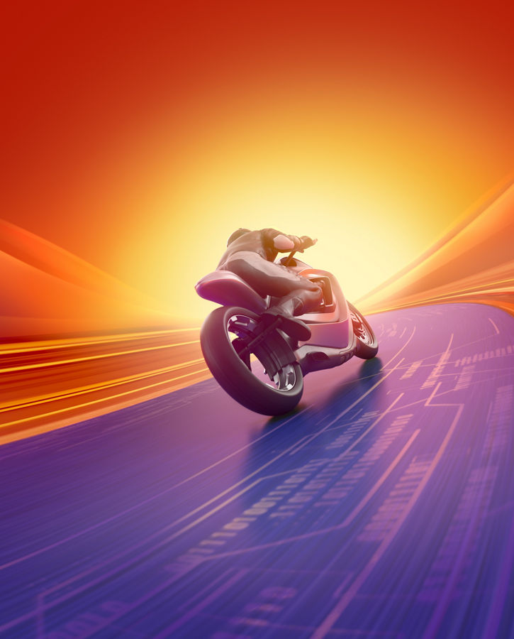 Futuristic bike rear view driving away