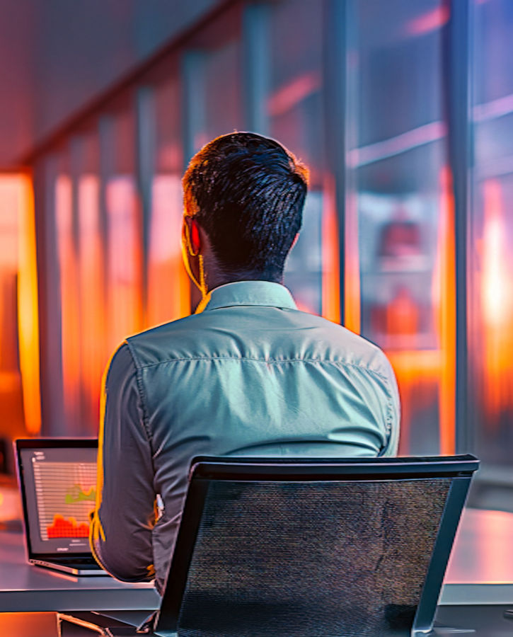 A man sits in a meeting room with his laptop in front of a large screen during a video call.