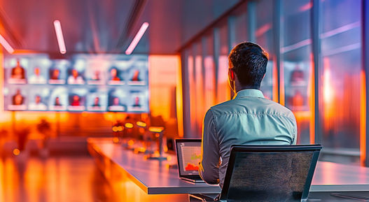 A man sits in a meeting room with his laptop in front of a large screen during a video call.