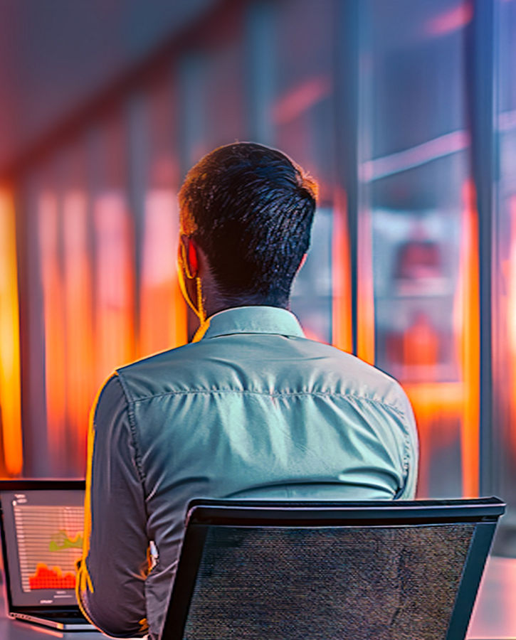 A man sits in a meeting room with his laptop in front of a large screen during a video call.