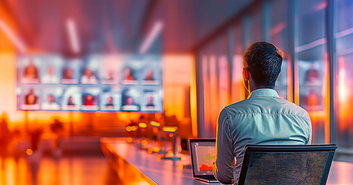 A man sits in a meeting room with his laptop in front of a large screen during a video call.