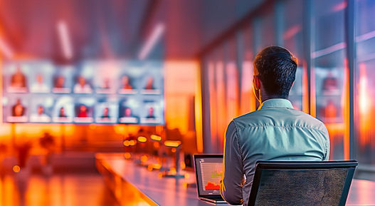 A man sits in a meeting room with his laptop in front of a large screen during a video call.