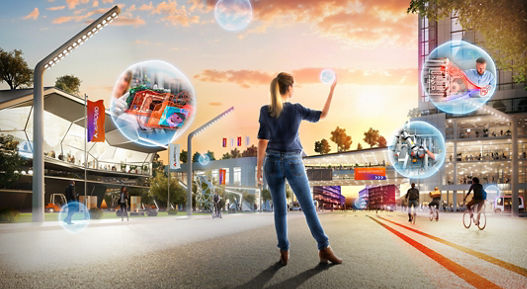 A photo of a young woman on a street in a futuristic city with AI-using employees in bubbles.