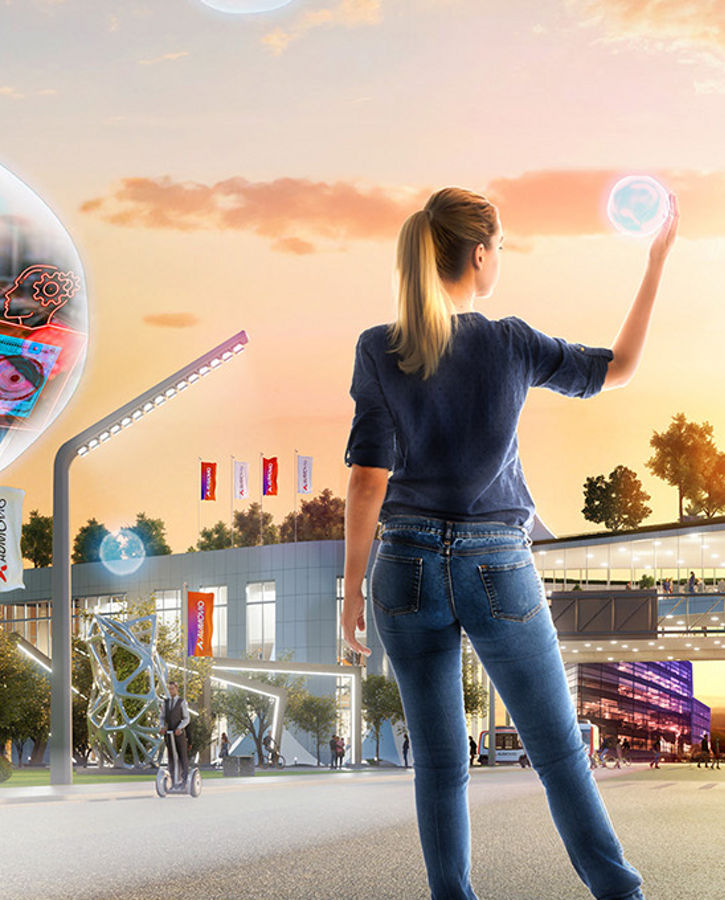 A photo of a young woman on a street in a futuristic city with AI-using employees in bubbles.
