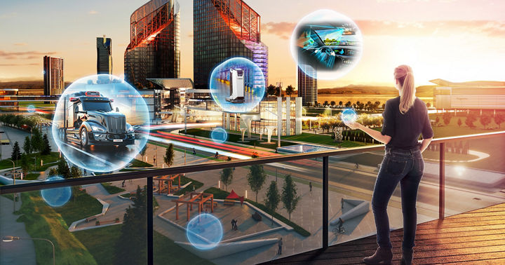 A photo of a young woman on a terrace in a futuristic city with AI content in bubbles