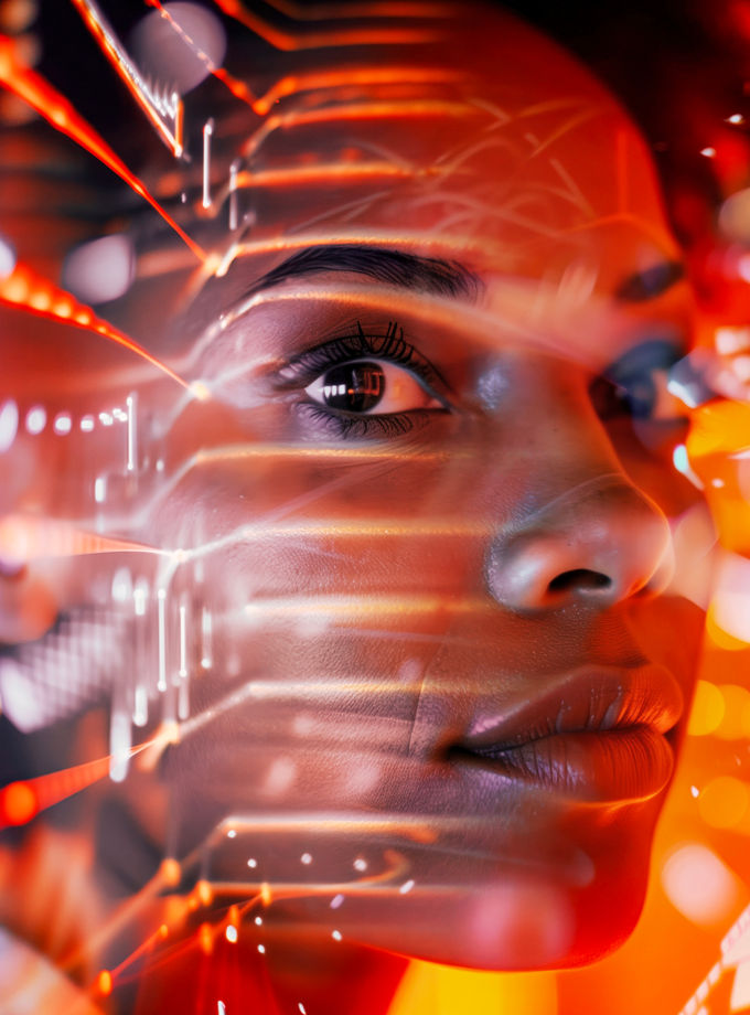 A woman's head looks through a kind of purple-orange colored futuristic curtain of light. Her face reflects the orange glow.