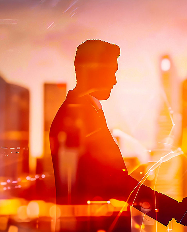 Two slightly transparent people shake hands in front of some illuminated skyscrapers in the city as the sun sets.