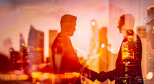 Two slightly transparent people shake hands in front of some illuminated skyscrapers in the city as the sun sets.