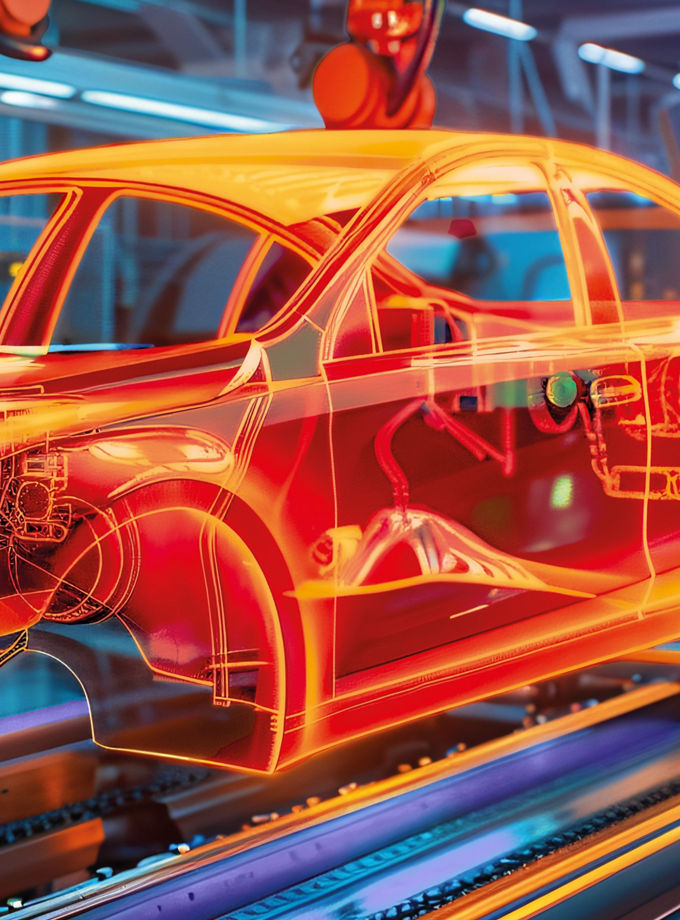 An orange-transparent vehicle body on an assembly line; various assemblies within the body are visible.
