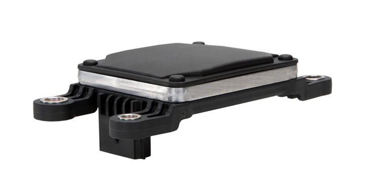 Automotive radar sensor module with black housing, silver mounting plate, and integrated connector ports.