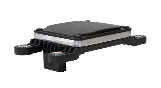 Automotive radar sensor module with black housing, silver mounting plate, and integrated connector ports.