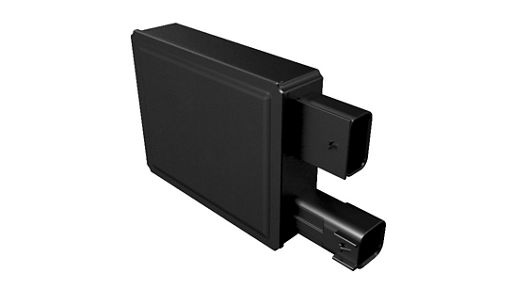 Automotive radar sensor with black cover and silver mounting frame for advanced driver assistance applications.