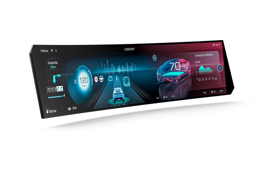 Curved Displays bieten eine optimale Übersicht über alle relevanten Fahrzeugdaten und werden zum zentralen Blickfang im Cockpit.