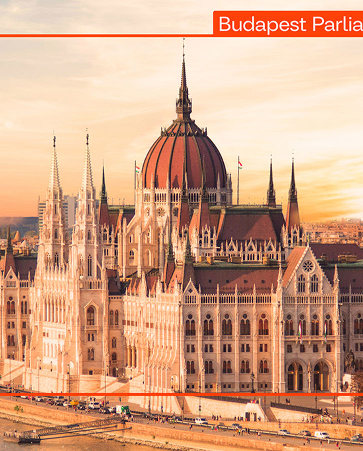 The image shows a view of Hungary’s capital Budapest at sunset. Several elements in the photo are marked with orange rectangles, which are part of AI-empowered object recognition and image analysis. Each rectangle is labeled with a designation and a percentage indicating the probability of recognition or model confidence.
