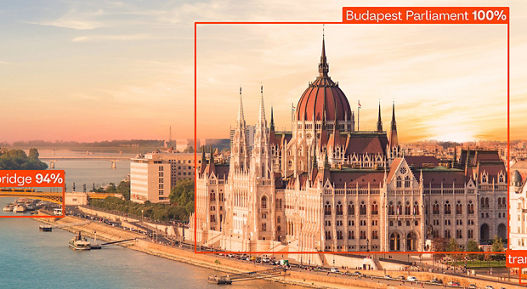 The image shows a view of Hungary’s capital Budapest at sunset. Several elements in the photo are marked with orange rectangles, which are part of AI-empowered object recognition and image analysis. Each rectangle is labeled with a designation and a percentage indicating the probability of recognition or model confidence.