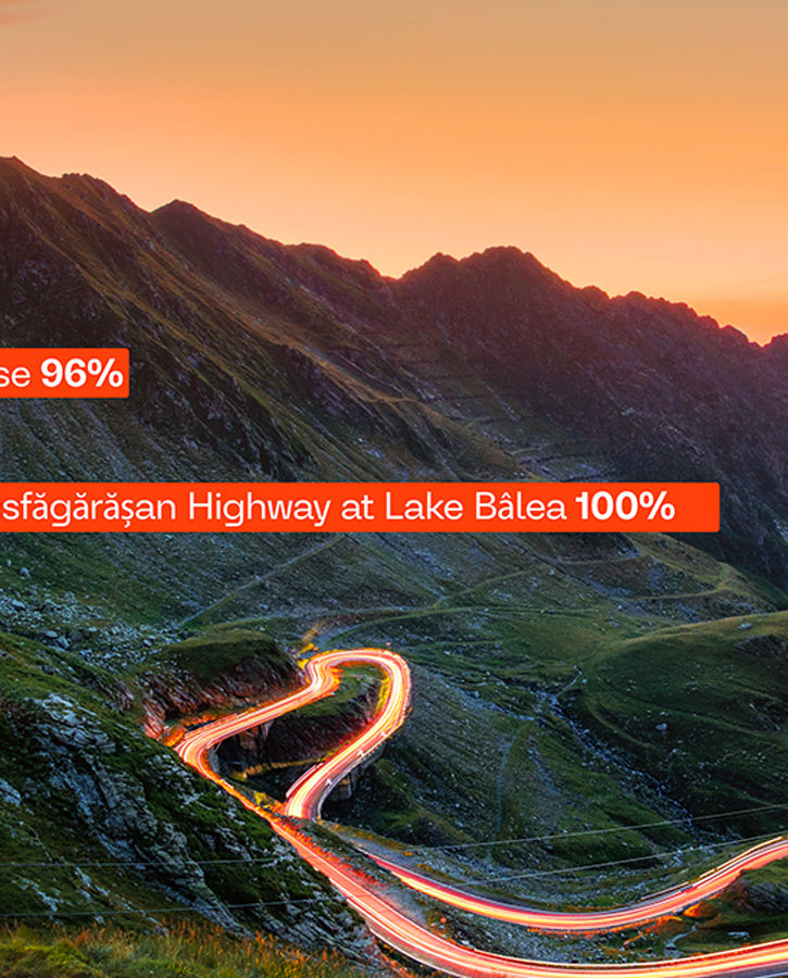 Bird's-eye view of a road illuminated by orange light in a Romanian mountain landscape. Several elements in the photo are marked with orange rectangles, which are part of AI-empowered object recognition and image analysis. Each rectangle is labeled with a designation and a percentage indicating the probability of recognition or model confidence.