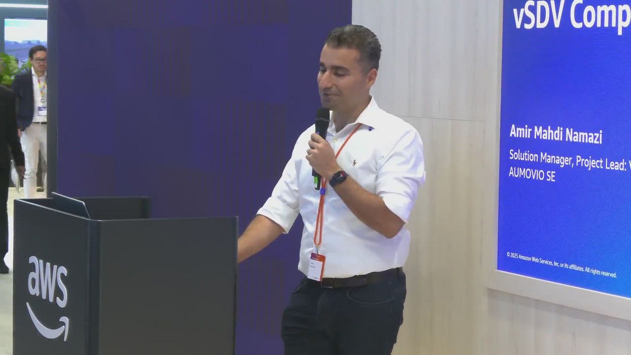 Video about the collaboration with Amazon Web Services (AWS) for AUMOVIO's vSDV Composer framework with AWS's robust cloud infrastructure, which delivers advanced, cloud-native solutions tailored specifically to OEMs.