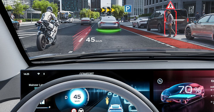 Image through the windshield showing a traffic situation. A head-up display shows a wide variety of traffic information projected onto the surroundings. HUD ARCreator  projects essential driving information directly onto the windshield into the driver’s line of sight, ensuring drivers keep their eyes on the road. 