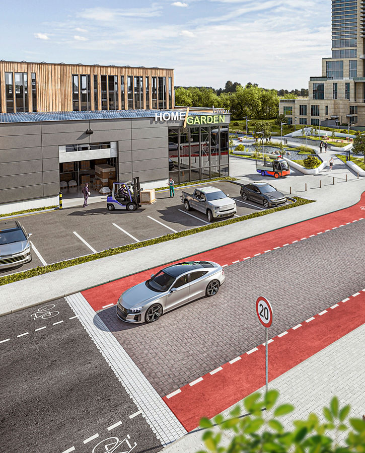 Image of a street scene with many different vehicles in relation to the AVAS acoustic warning system. It ensures that quiet cars, buses, and e-scooters can be heard by other road users even at low speeds.