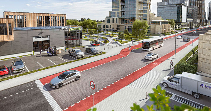 Image of a street scene with many different vehicles in relation to the AVAS acoustic warning system. It ensures that quiet cars, buses, and e-scooters can be heard by other road users even at low speeds.