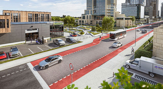 Image of a street scene with many different vehicles in relation to the AVAS acoustic warning system. It ensures that quiet cars, buses, and e-scooters can be heard by other road users even at low speeds.