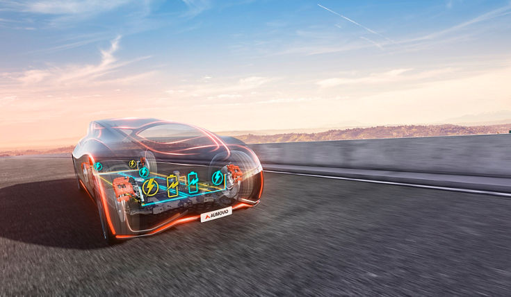 Rear view of a futuristic car driving on an open road with a scenic background of hills and a clear sky. The car body is semi-transparent, revealing internal components highlighted with glowing orange outlines. Several colorful icons (such as battery, power, and connectivity symbols) are overlaid near the rear axle, representing an advanced brake system and energy management features.