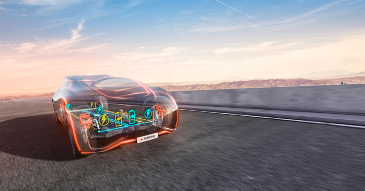 Rear view of a futuristic car driving on an open road with a scenic background of hills and a clear sky. The car body is semi-transparent, revealing internal components highlighted with glowing orange outlines. Several colorful icons (such as battery, power, and connectivity symbols) are overlaid near the rear axle, representing an advanced brake system and energy management features.
