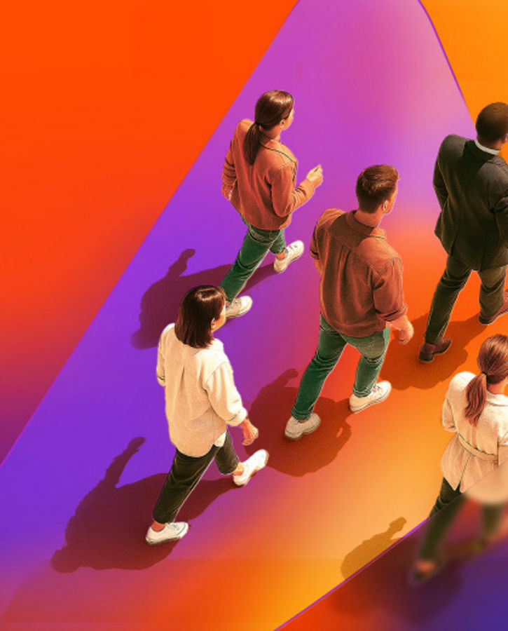 Five people walking forward on a colorful gradient background featuring orange, purple, and pink tones, symbolizing teamwork and progress.