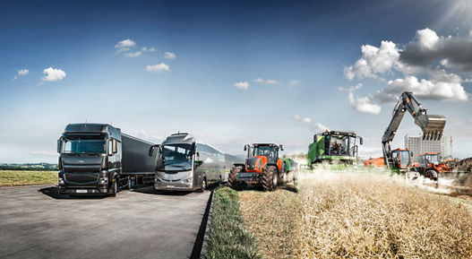 This visual for off-the-shelf products shows five commercial and special vehicles for the sectors of agriculture, construction, logistics, trucking, and buses.