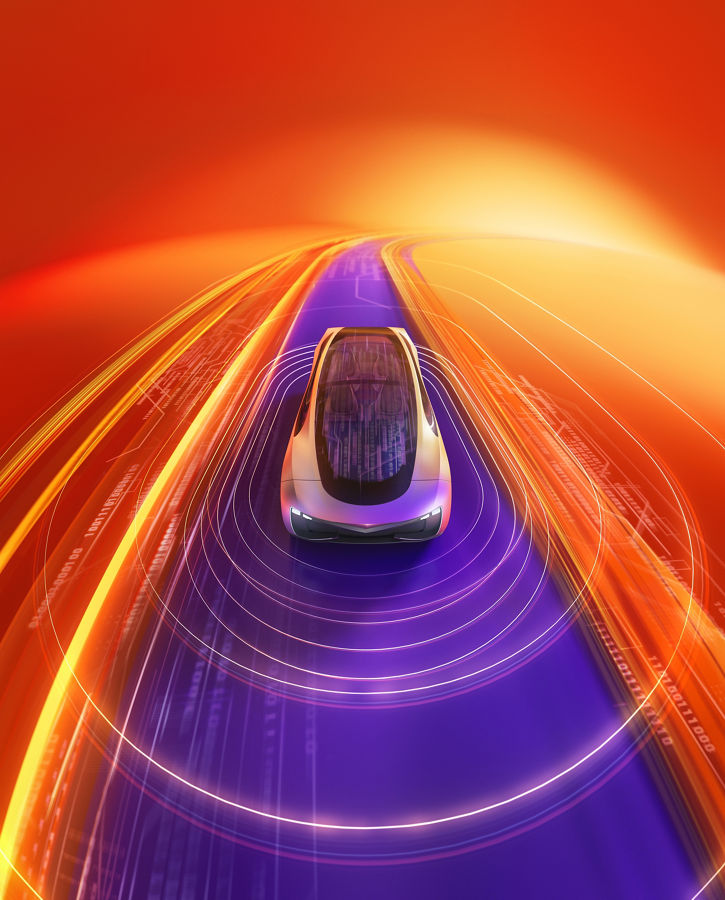 a futuristic concept car on a purple road with orange-yellow radar waves and an orange background