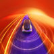 A futuristic concept car on a purple road with orange-yellow radar waves and an orange 