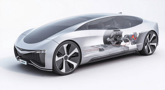 Image of AUMOVIO's semi-transparent eRTS sensor technology concept car. E-Motor Rotor Temperature Sensor (eRTS) technology offers more precise alternative to algorithm-based heat projection in permanent magnet synchronous EV motors.