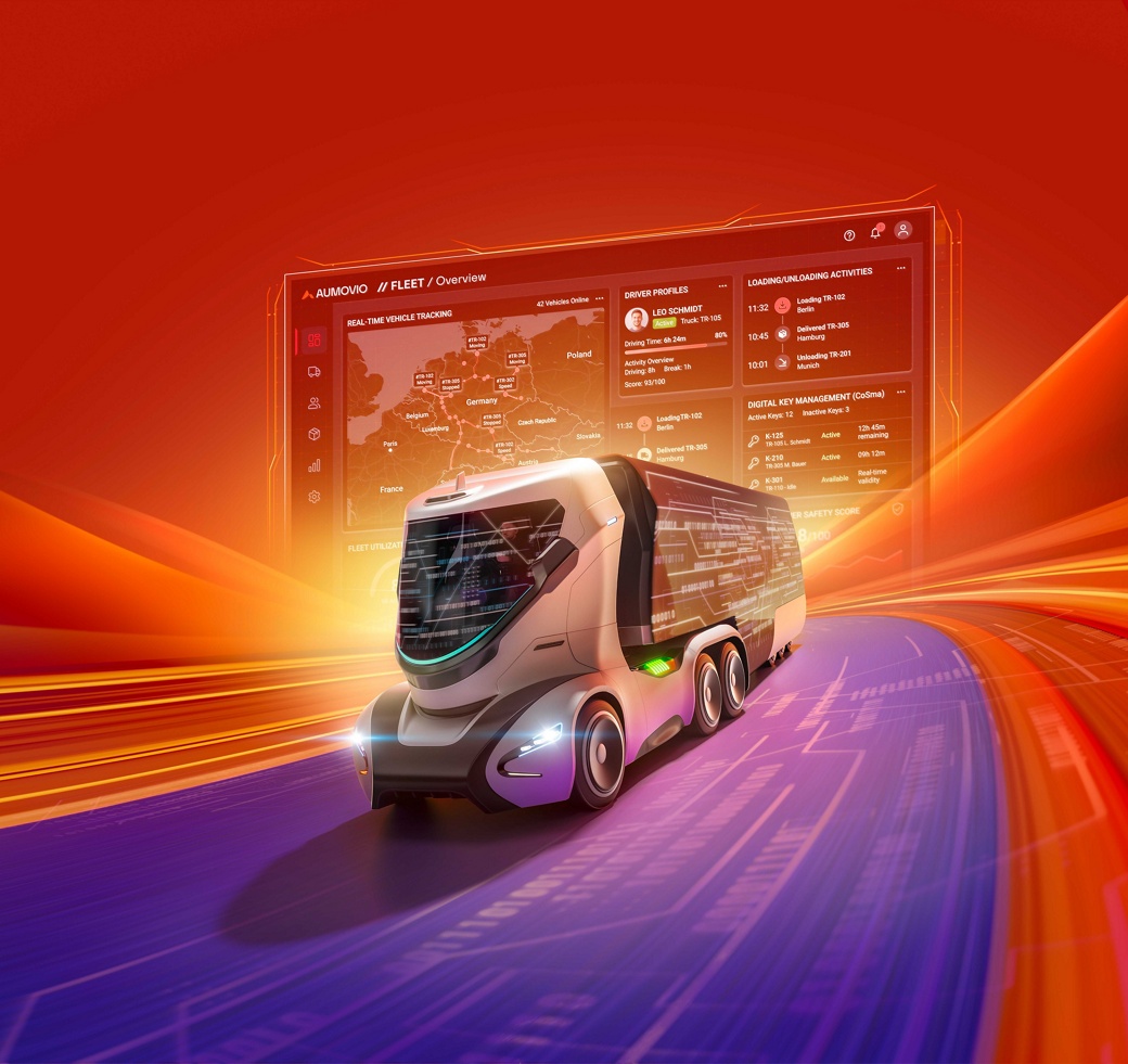 Futuristic autonomous concept truck speeding along a digital highway, surrounded by dynamic motion blur in orange, yellow, and purple light streaks against a vivid red-orange background. with a transparent display behind the concept truck. Efficiency (TCO): turning data into operational gains.