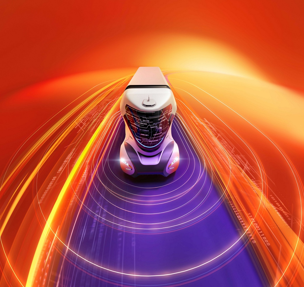 Futuristic autonomous concept truck with stylized radar waves speeding along a digital highway, surrounded by dynamic motion blur in orange, yellow, and purple light streaks against a vivid red-orange background. Safe & autonomous: from assistance to autonomy